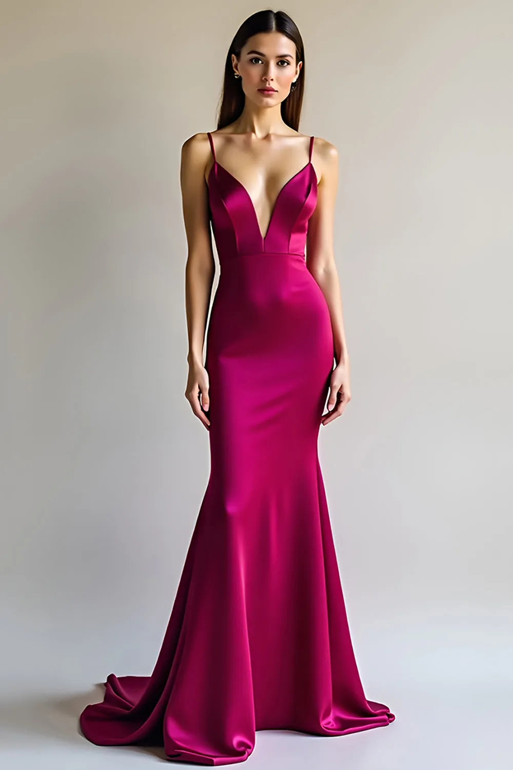 Fuchsia Mermaid Spaghetti Straps Long Satin Prom Dress sold by Zapaka