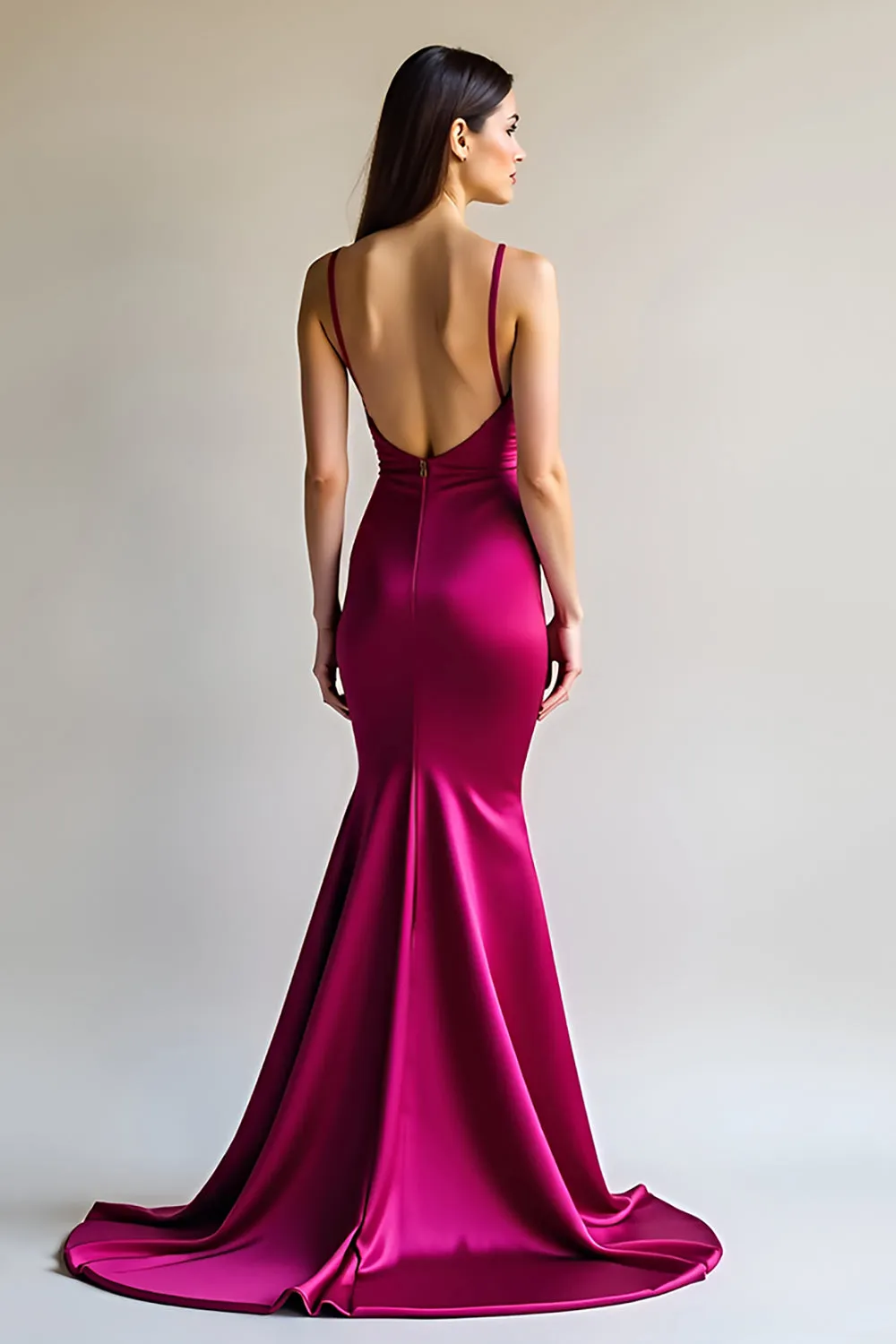 Fuchsia Mermaid Spaghetti Straps Long Satin Prom Dress sold by Zapaka product image thumbnail 3