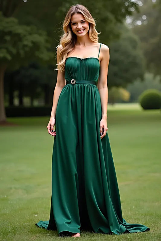 Dark Green A Line Spaghetti Straps Long Chiffon Formal Dress sold by Zapaka