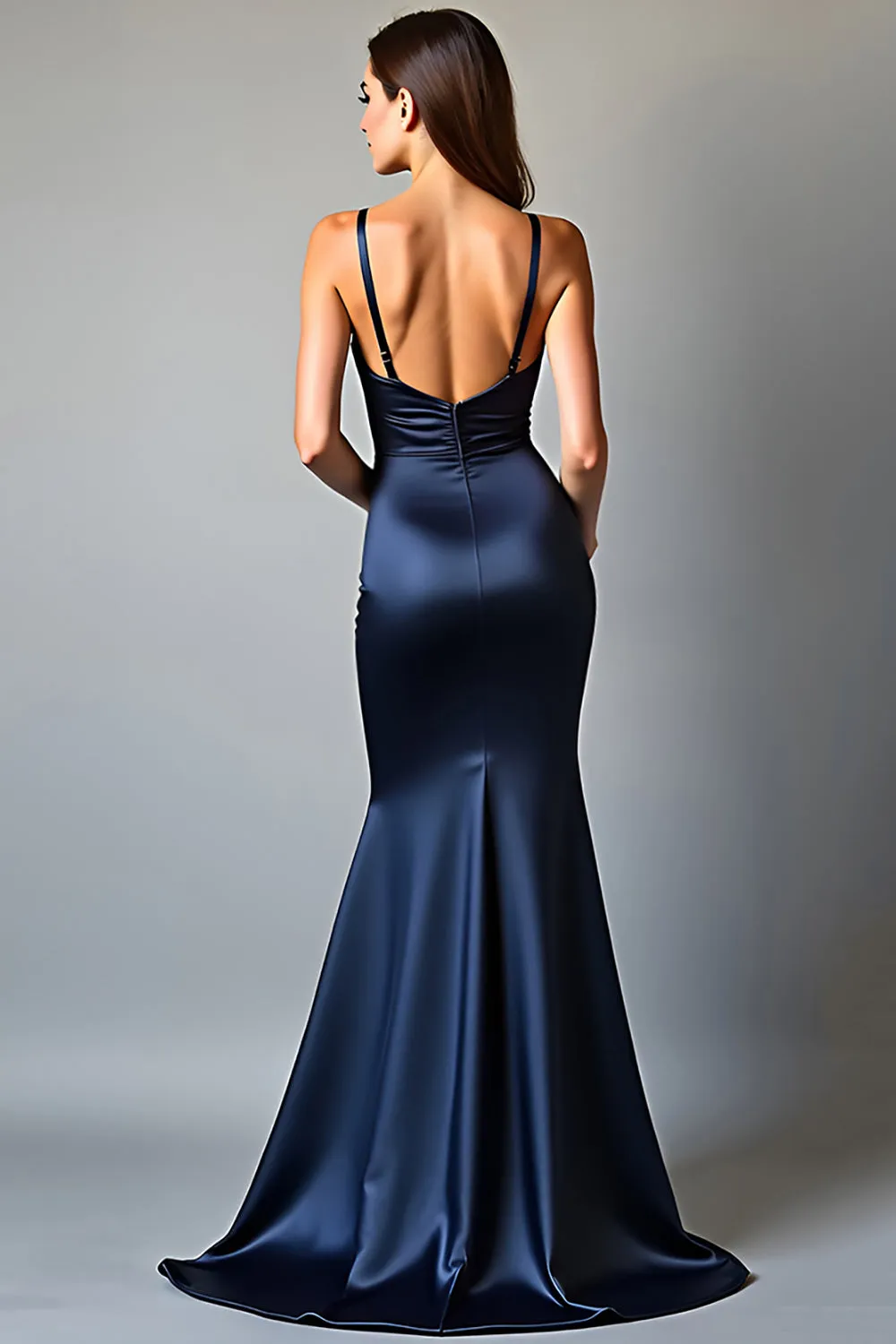 Navy Sheath Spaghetti Straps Long Satin Prom Dress With Slit sold by Zapaka product image thumbnail 2