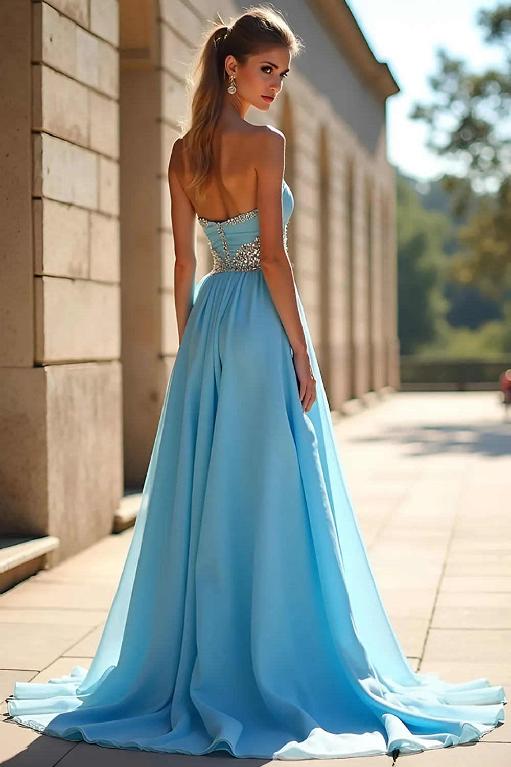 Sparkly Blue A Line Sweetheart Beaded Long Prom Dress With Slit sold by Zapaka product image thumbnail 2