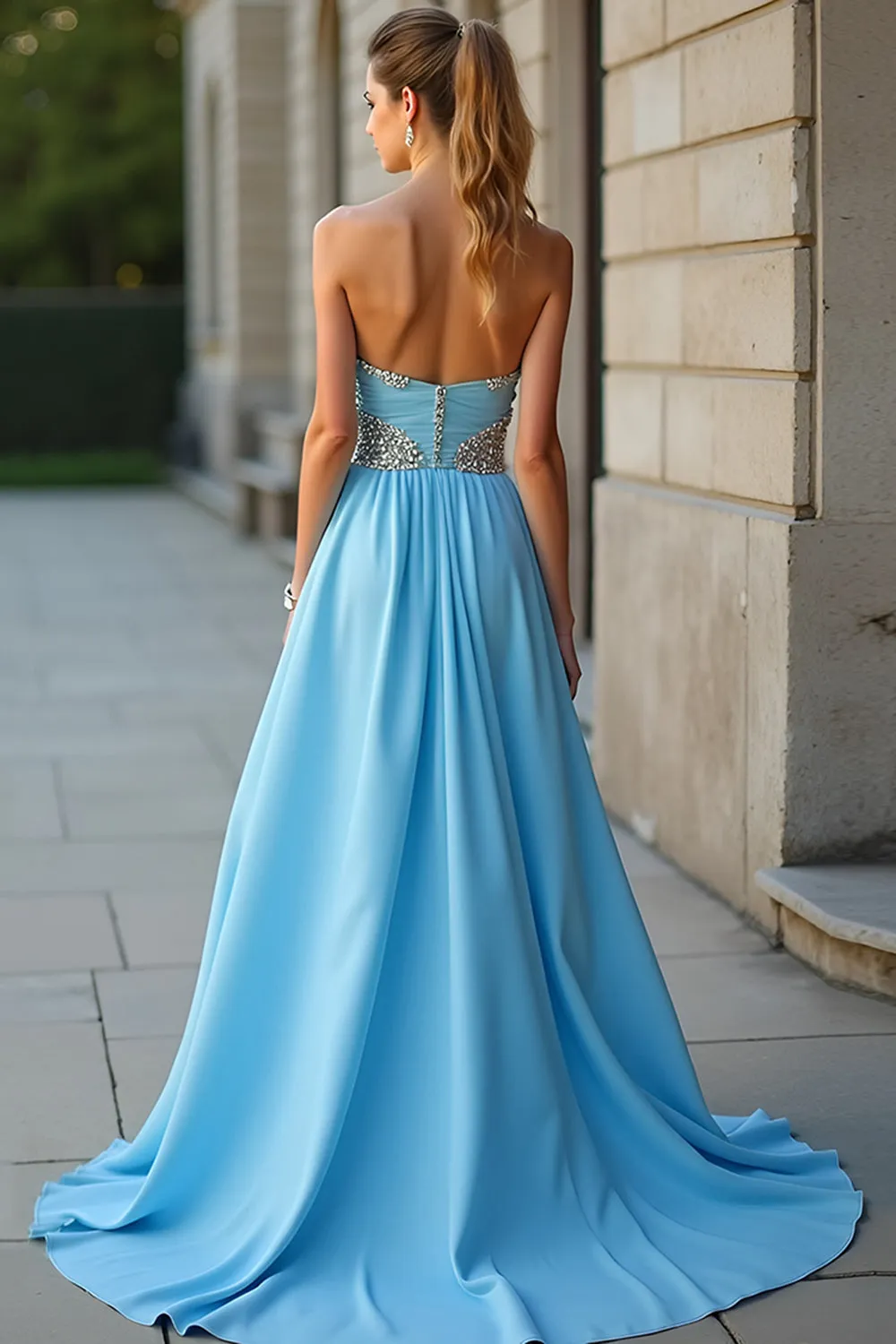 Sparkly Blue A Line Sweetheart Beaded Long Prom Dress With Slit sold by Zapaka product image thumbnail 3
