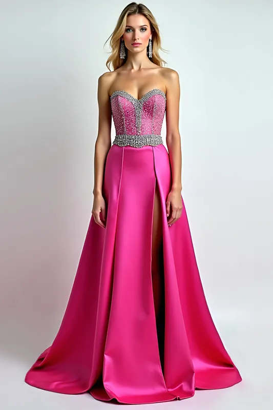 Sparkly Fuchsia A Line Sequin Sweetheart Long Prom Dress With Slit sold by Zapaka
