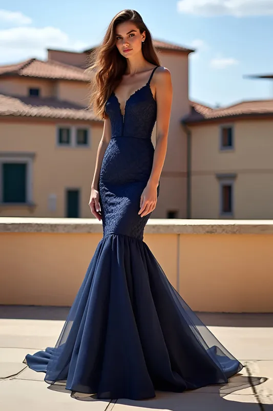Mermaid Navy Spaghetti Straps Long Lace Prom Dress sold by Zapaka