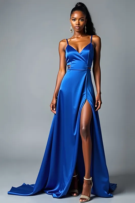 Royal Blue A Line Spaghetti Straps Long Satin Prom Dress sold by Zapaka