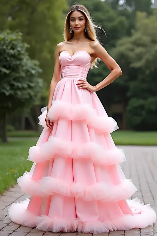 Pink A Line Sweetheart Tiered Long Tulle Prom Dress With Ruffles sold by Zapaka
