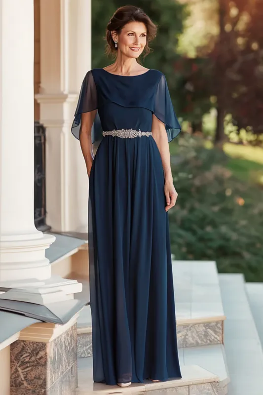 Chiffon A Line Capelet Navy Mother of the Bride Dress with Beaded Waist sold by Zapaka