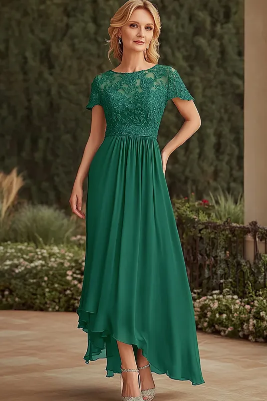 Lace Dark Green Asymmetrical Mother of the Bride Dress with Short Sleeves sold by Zapaka