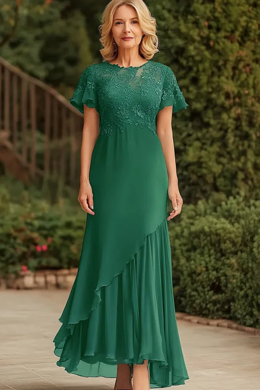 Dark Green Lace Chiffon Mother of the Bride Dress with Short Sleeves sold by Zapaka