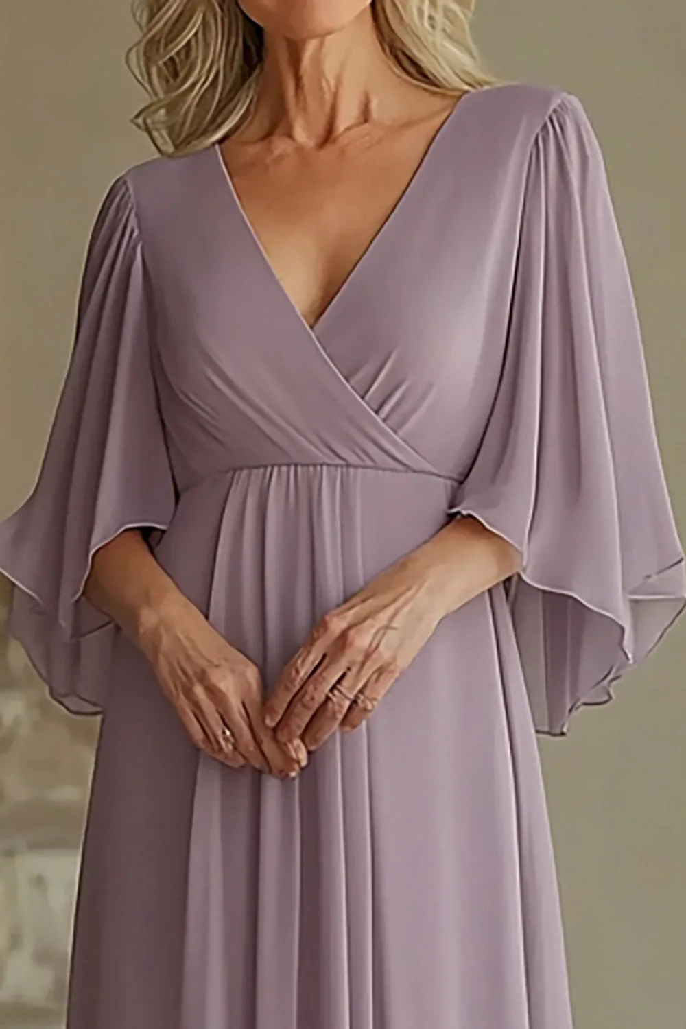 Lilac V-Neck Chiffon Mother of the Bride Dress with Half Sleeves sold by Zapaka product image thumbnail 2