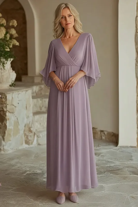 Lilac V-Neck Chiffon Mother of the Bride Dress with Half Sleeves sold by Zapaka