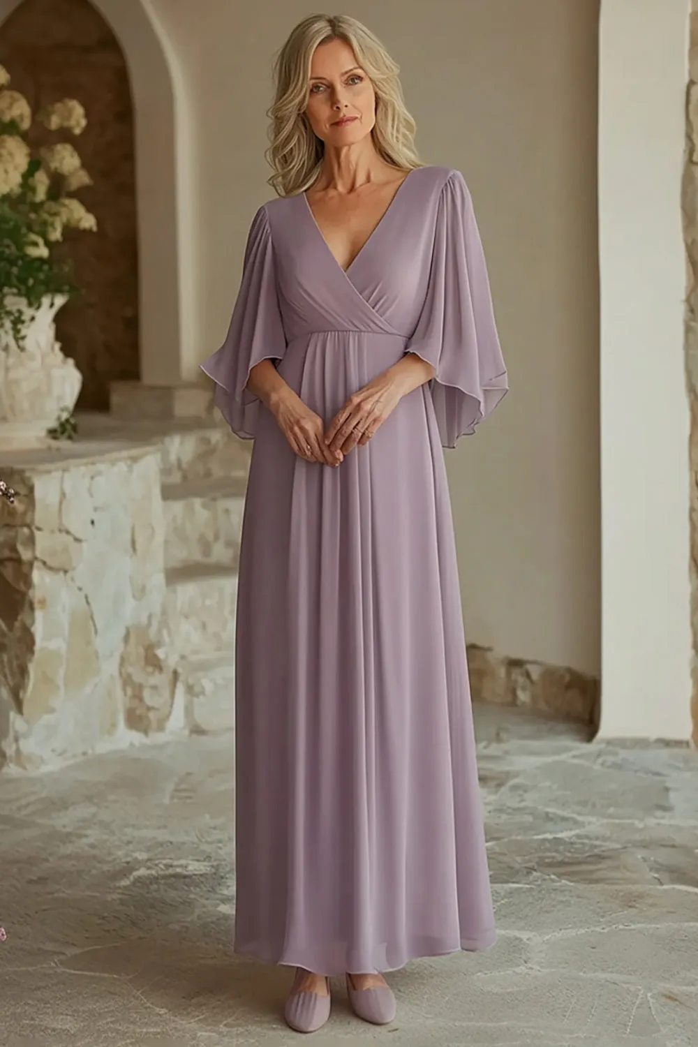 Lilac V-Neck Chiffon Mother of the Bride Dress with Half Sleeves sold by Zapaka