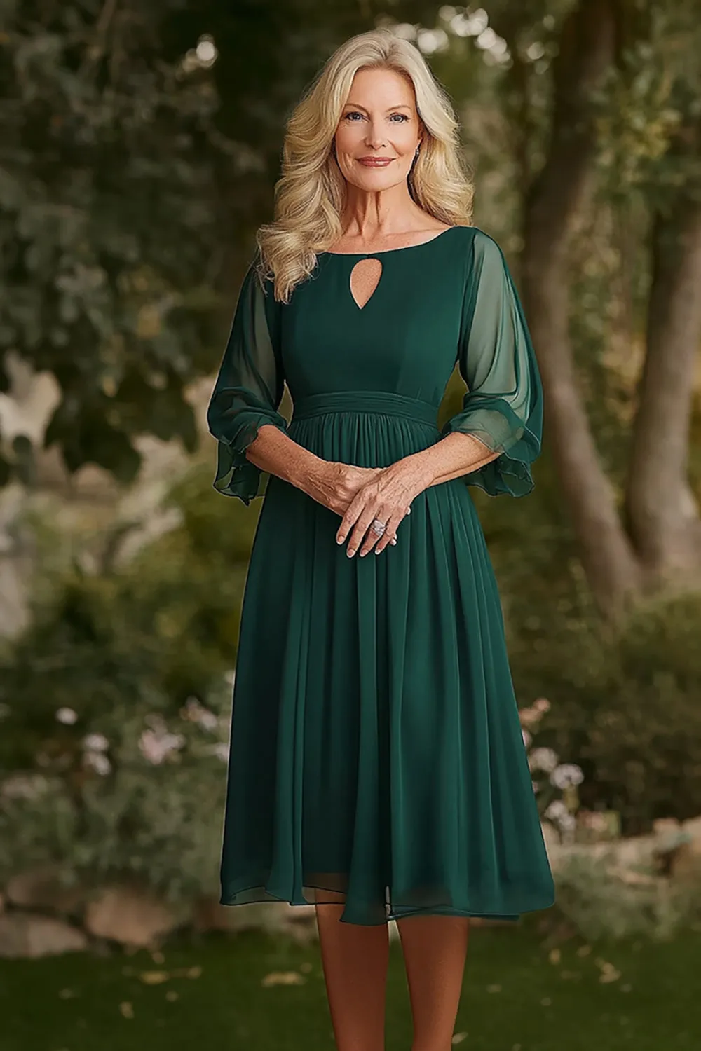 Dark Green A Line Chiffon Cut Out Mother of the Bride Dress with 3/4 Sleeves sold by Zapaka