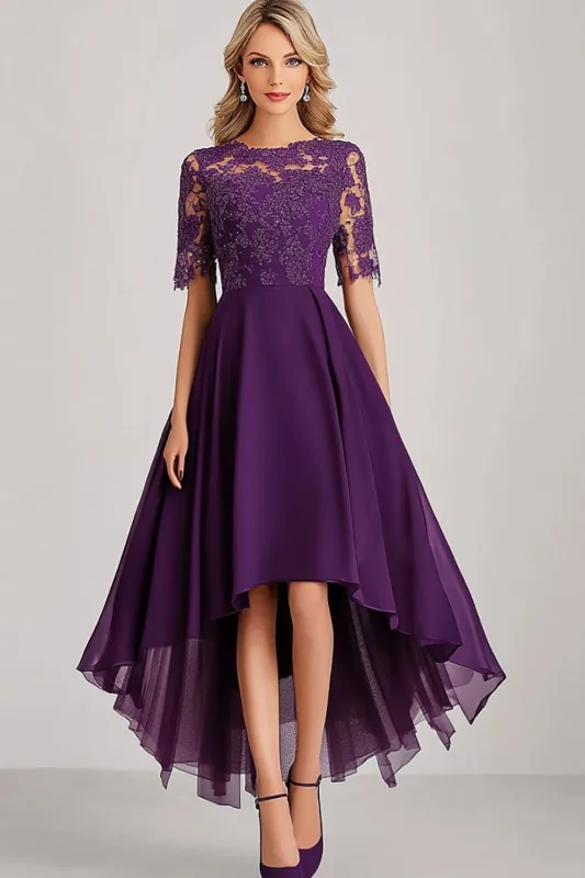 Lace A Line Purple Mother of the Bride Dress with Short Sleeves sold by Zapaka