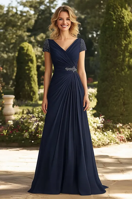Navy Ruched V-Neck Chiffon Beaded Mother of the Bride Dress with Cap Sleeves sold by Zapaka