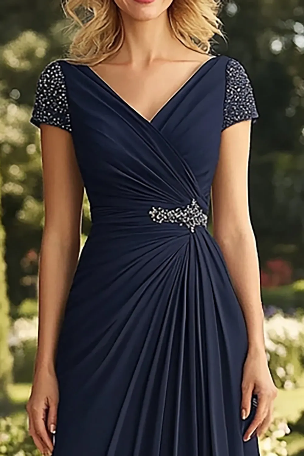 Navy Ruched V-Neck Chiffon Beaded Mother of the Bride Dress with Cap Sleeves sold by Zapaka product image thumbnail 2