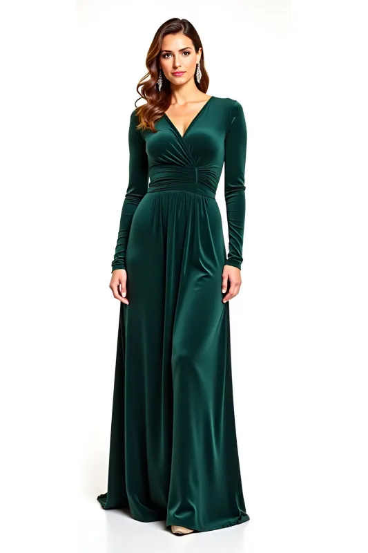 Pine Velvet V-Neck Mother of the Bride Dress with Long Sleeves sold by Zapaka