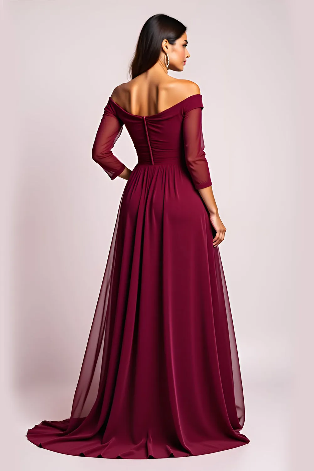 Elegant Burgundy A Line Off the Shoulder Mother of the Bride Dress with Long Sleeves sold by Zapaka product image thumbnail 2