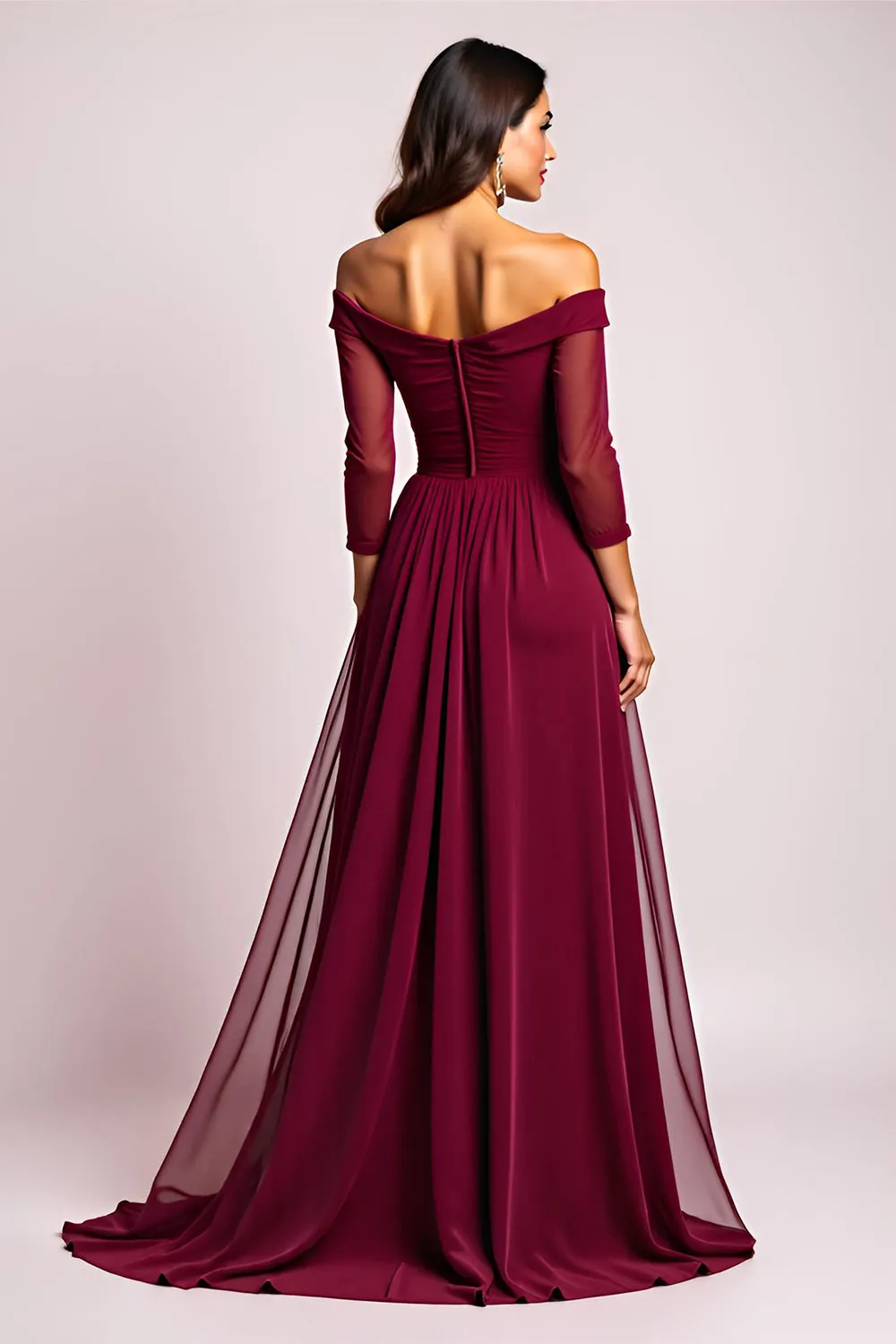 Elegant Burgundy A Line Off the Shoulder Mother of the Bride Dress with Long Sleeves sold by Zapaka product image thumbnail 3
