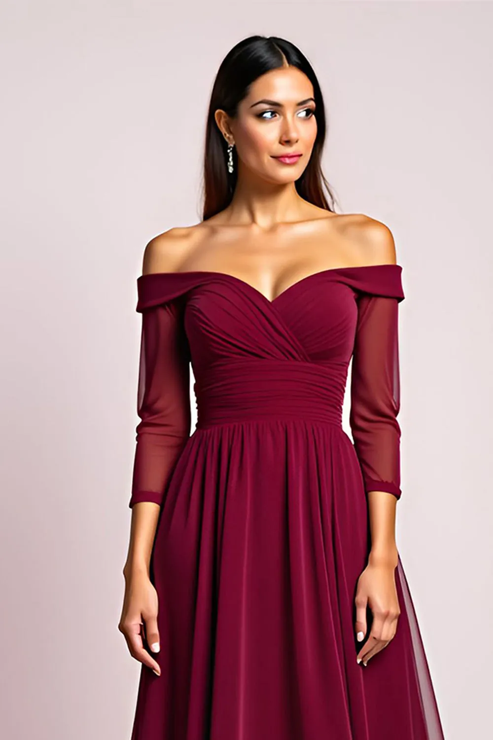 Elegant Burgundy A Line Off the Shoulder Mother of the Bride Dress with Long Sleeves sold by Zapaka product image thumbnail 4