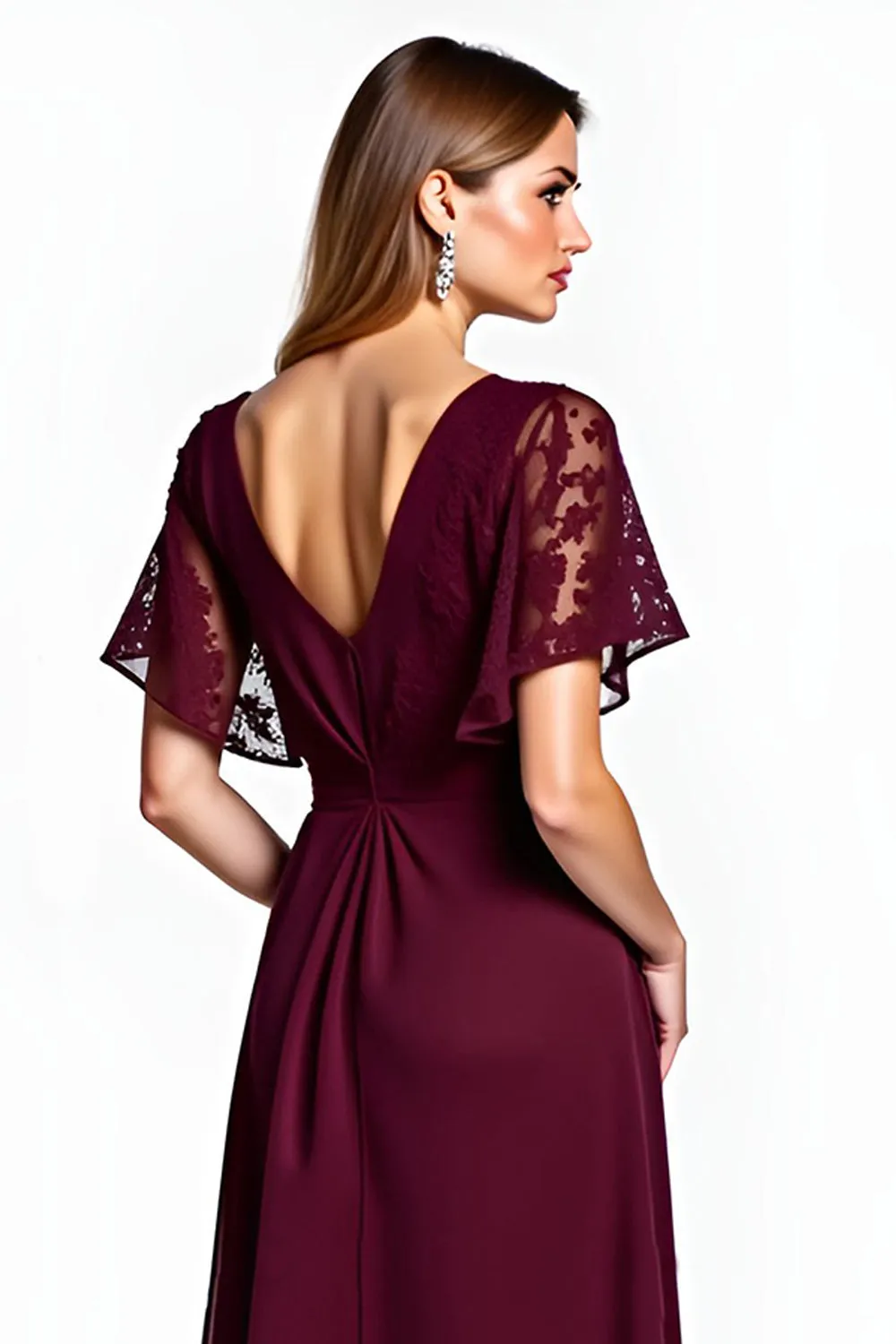 Cabernet Lace V-Neck Knee Length Mother of the Bride Dress with Short Sleeves sold by Zapaka product image thumbnail 5