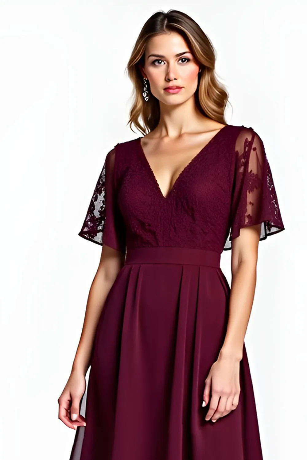 Cabernet Lace V-Neck Knee Length Mother of the Bride Dress with Short Sleeves sold by Zapaka product image thumbnail 4