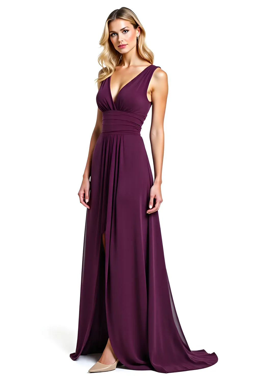 Purple Ruched A Line V Neck Mother of the Bride Dress with Slit sold by Zapaka product image thumbnail 3