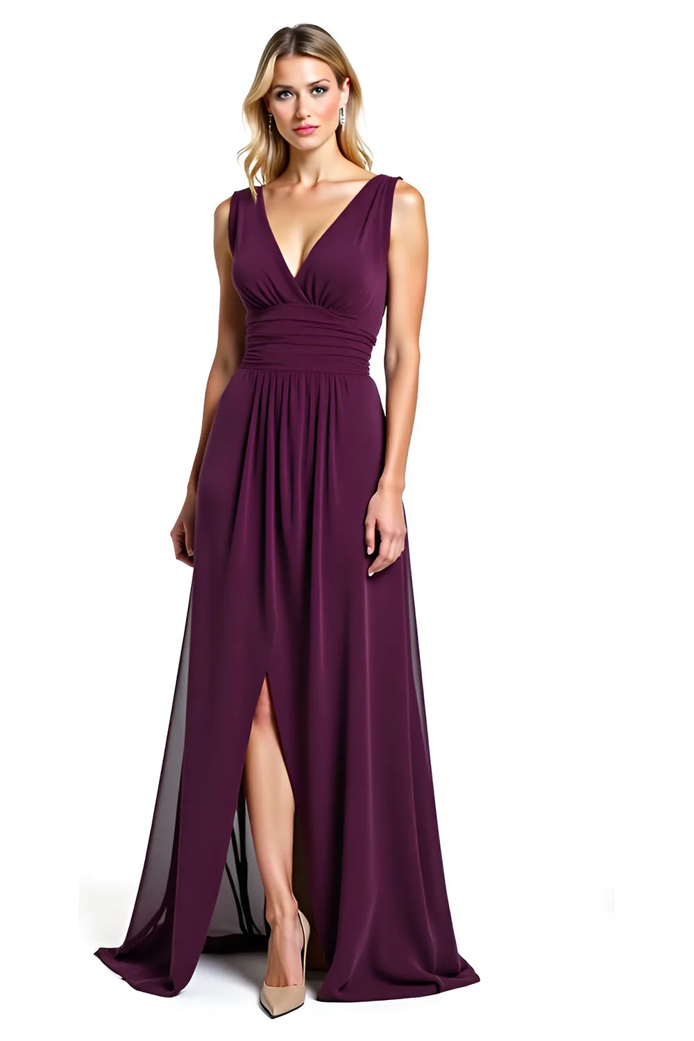 Purple Ruched A Line V Neck Mother of the Bride Dress with Slit sold by Zapaka