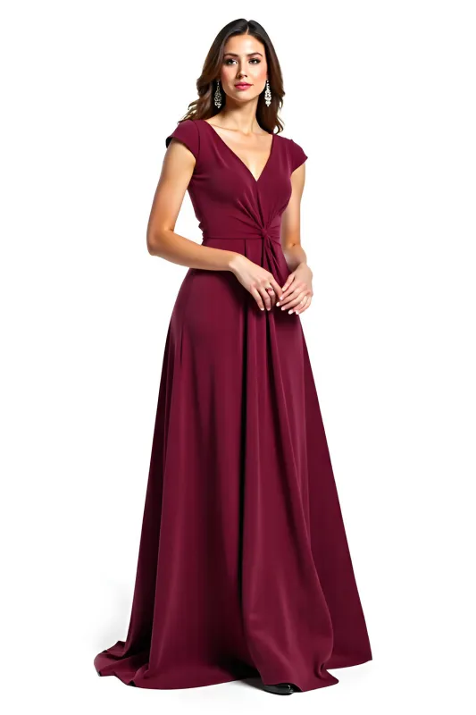 Burgundy V Neck Ruched Long Mother of the Bride Dress with Cap Sleeves made by Zapaka