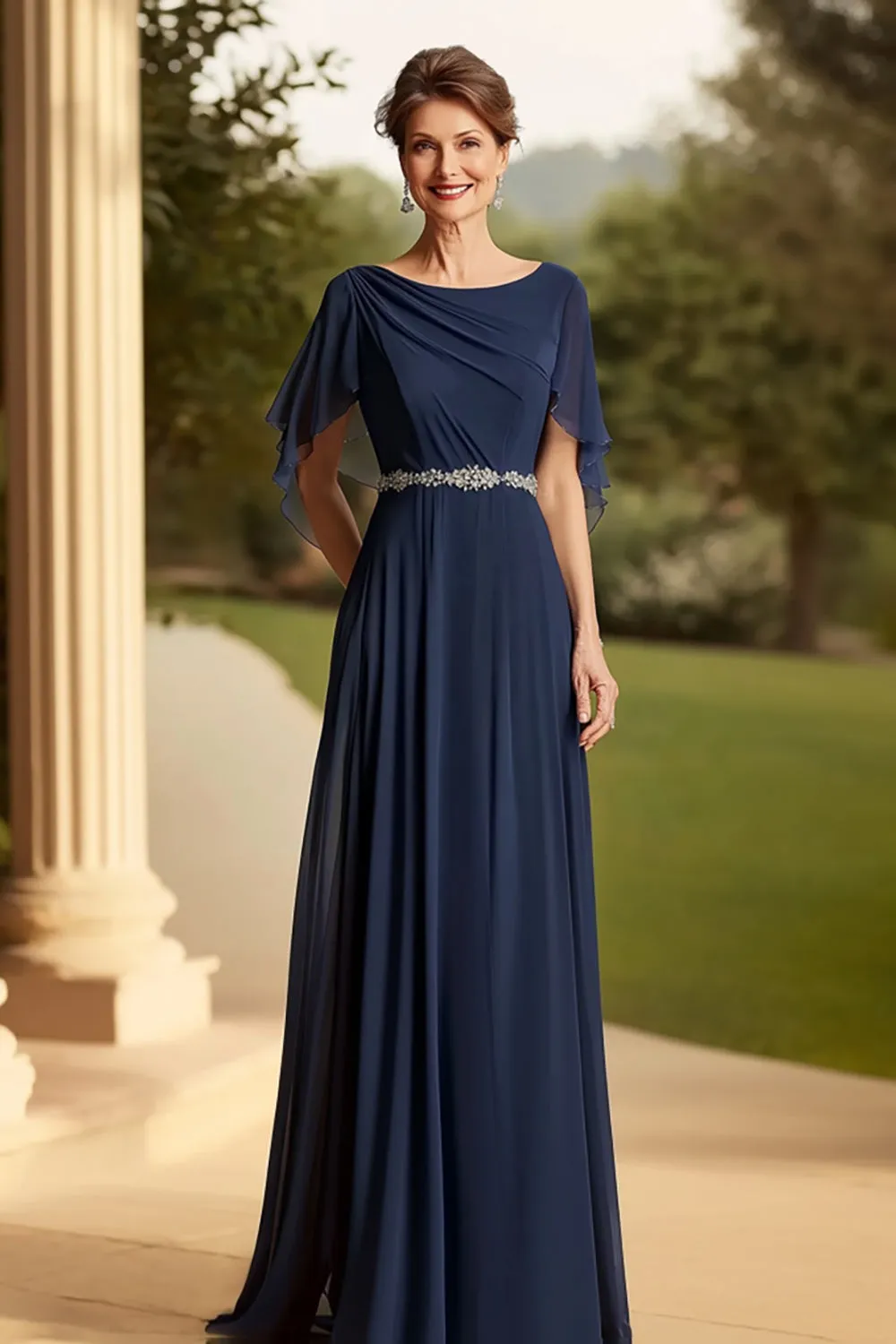 Navy A Line Chiffon Mother of the Bride Dress with Flutter Sleeves sold by Zapaka