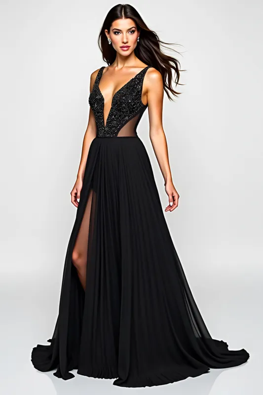 Sparkly A Line Deep V Neck Ruched Black Tie Dress with Slit sold by Zapaka