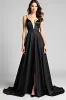 Spaghetti Straps A Line Satin Black Tie Dress with Slit sold by Zapaka