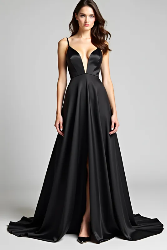 Spaghetti Straps A Line Satin Black Tie Dress with Slit sold by Zapaka