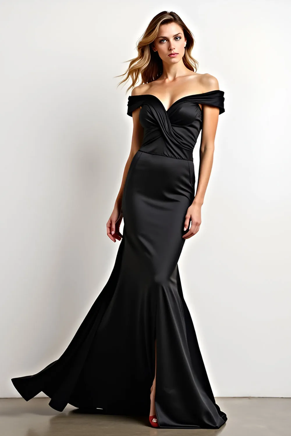 Off the Shoulder Mermaid Satin Pleated Black Tie Dress sold by Zapaka