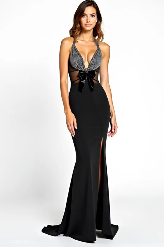 Mermaid Halter Black Tie Dress With Slit made by Zapaka