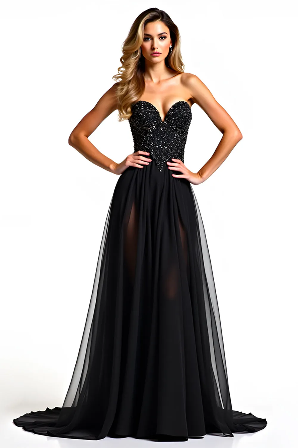 A Line Strapless Sequin Black Tie Dress sold by Zapaka
