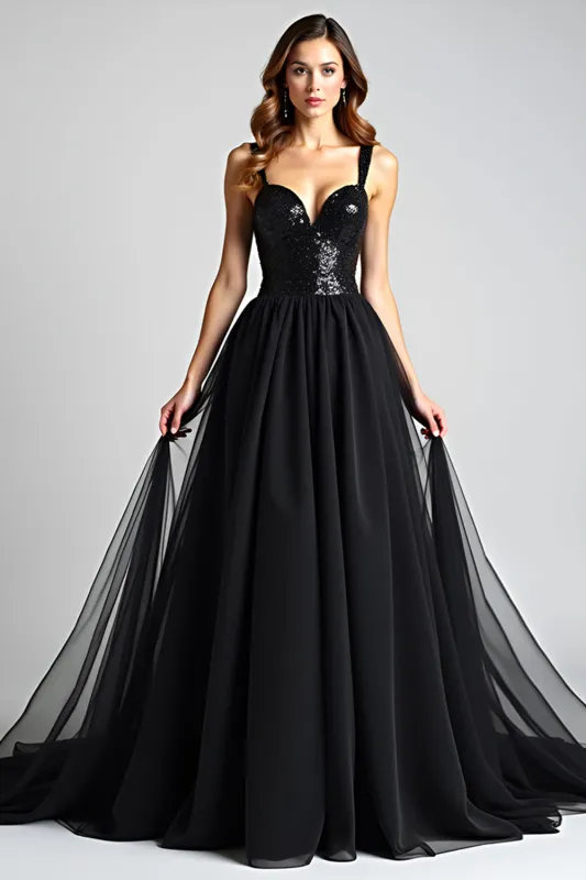 Sparkly A Line Sweetheart Ruched Black Tie Dress sold by Zapaka
