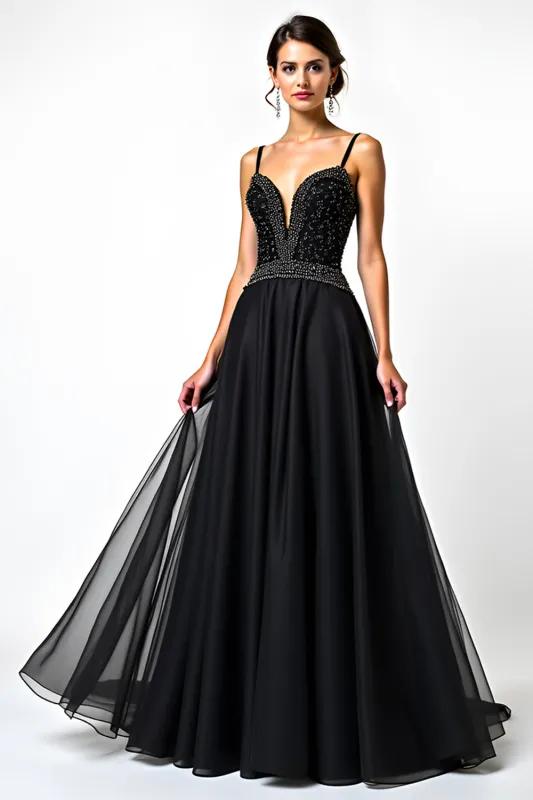 A Line Spaghetti Straps Sequin Ruched Black Tie Dress sold by Zapaka