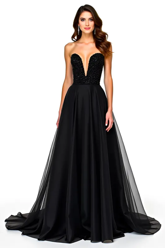 Sparkly A Line Strapless Ruched Black Tie Dress sold by Zapaka