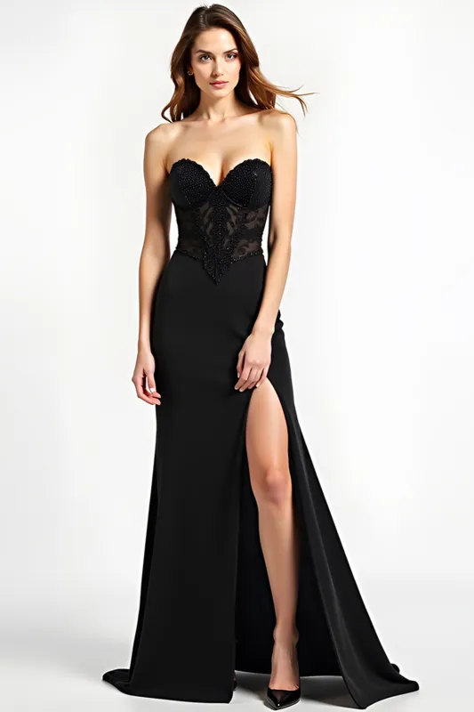 Strapless Sheath Beaded Black Tie Dress With Slit sold by Zapaka