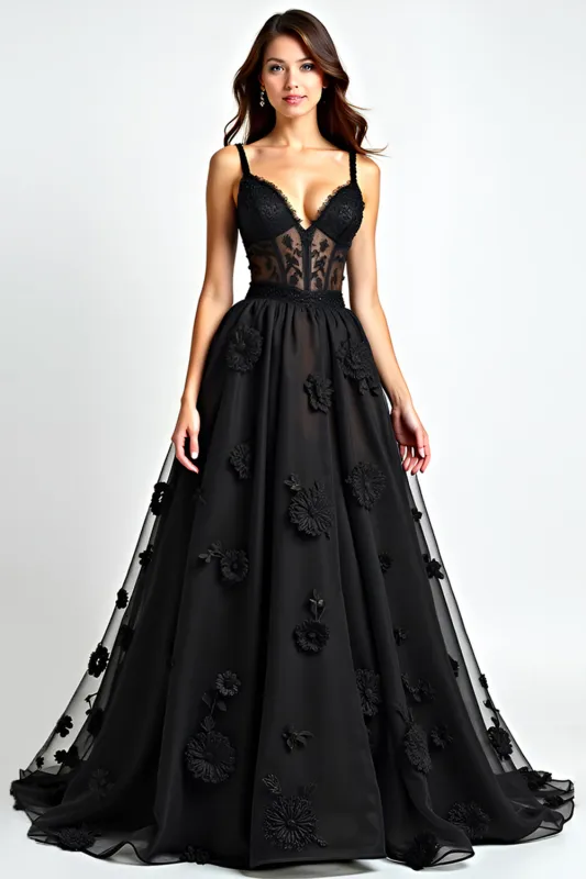 A Line Spaghetti Straps Appliqued Corset Black Tie Dress sold by Zapaka