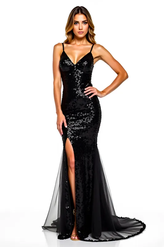 Mermaid Spaghetti Straps Sequined Black Tie Dress sold by Zapaka