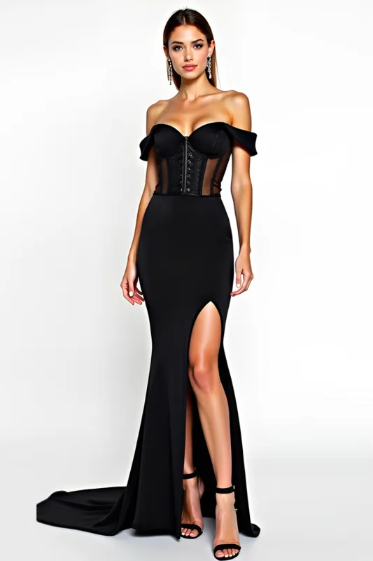 Off The Shoulder Mermaid Corset Black Tie Dress With Slit sold by Zapaka