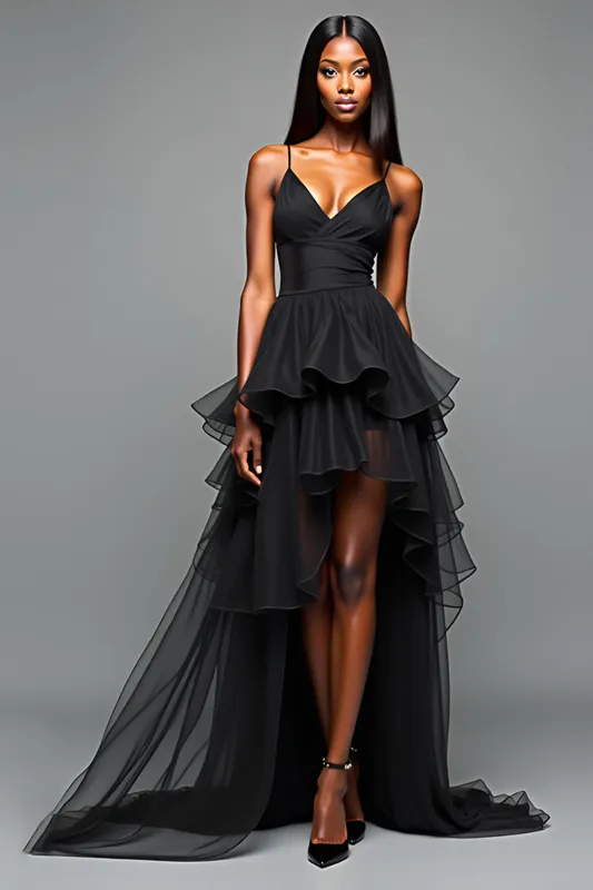 A Line Spaghetti Straps Ruffled Black Tie Dress With Slit sold by Zapaka