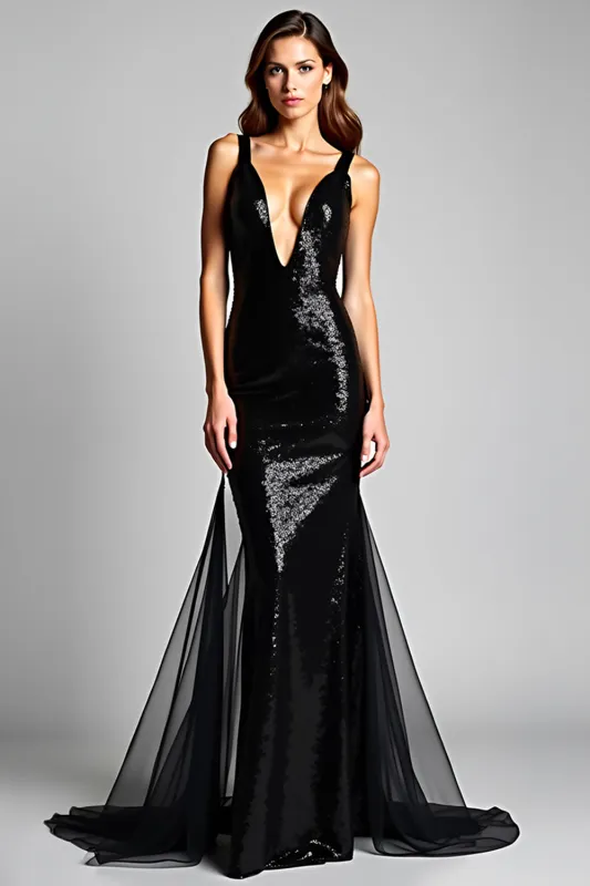 Mermaid Deep V-Neck Black Tie Dress with Slit sold by Zapaka