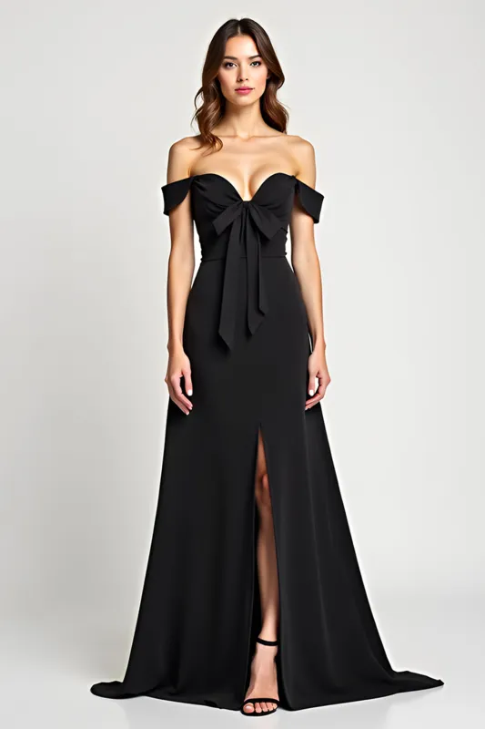 Sheath Off the Shoulder Bowknot Black Tie Dress with Slit sold by Zapaka
