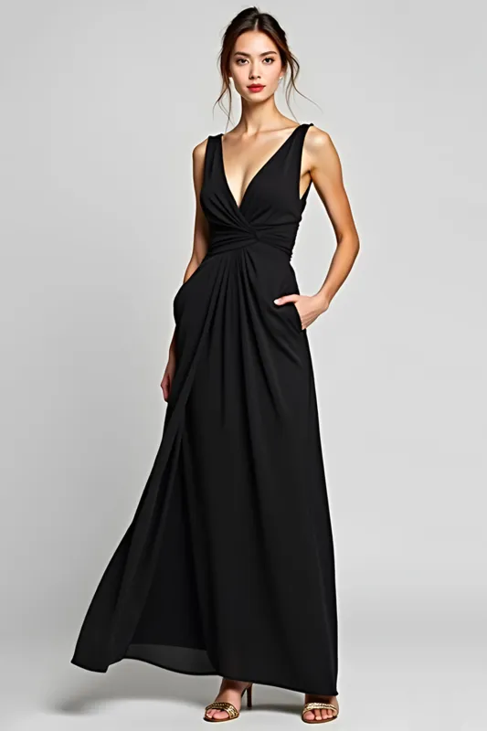 A Line Pleated Deep V Neck Black Tie Dress sold by Zapaka