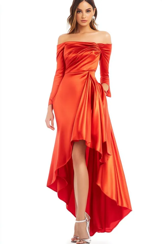 Orange Sheath Off the Shoulder Long Sleeve Pleated Satin Hi-Low Formal Dress sold by Zapaka