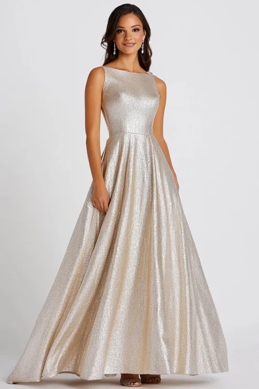 Glitter Champagne Boat Neck A Line Long Formal Dress sold by Zapaka