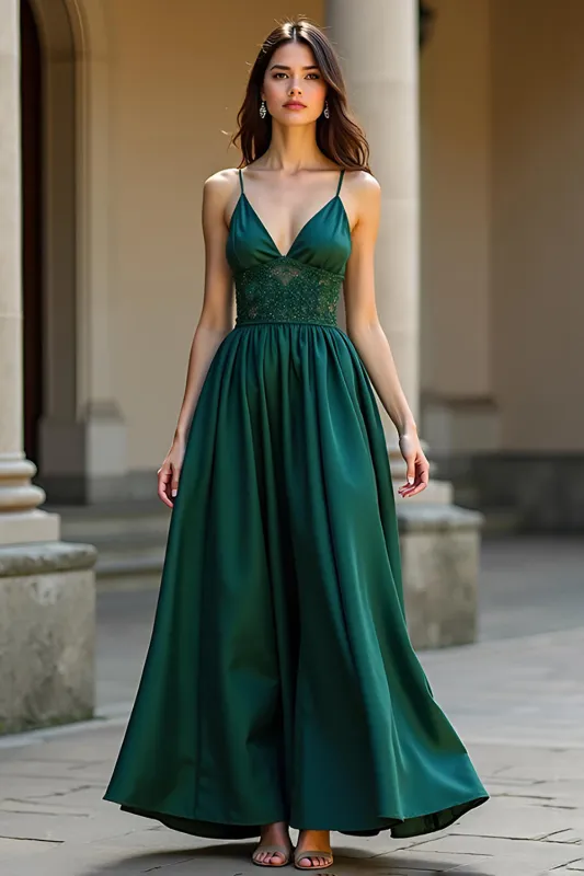 Dark Green A-Line Spaghetti Straps Satin Long Formal Dress with Sequins sold by Zapaka